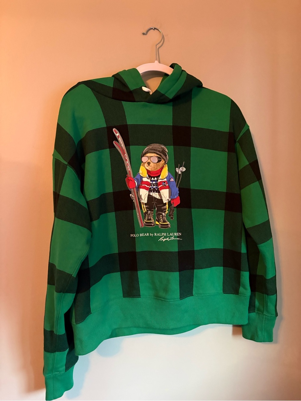 Polo Ralph Lauren Polo Bear Ski Hoodie Green Black Buffalo Plaid L Rare women’s